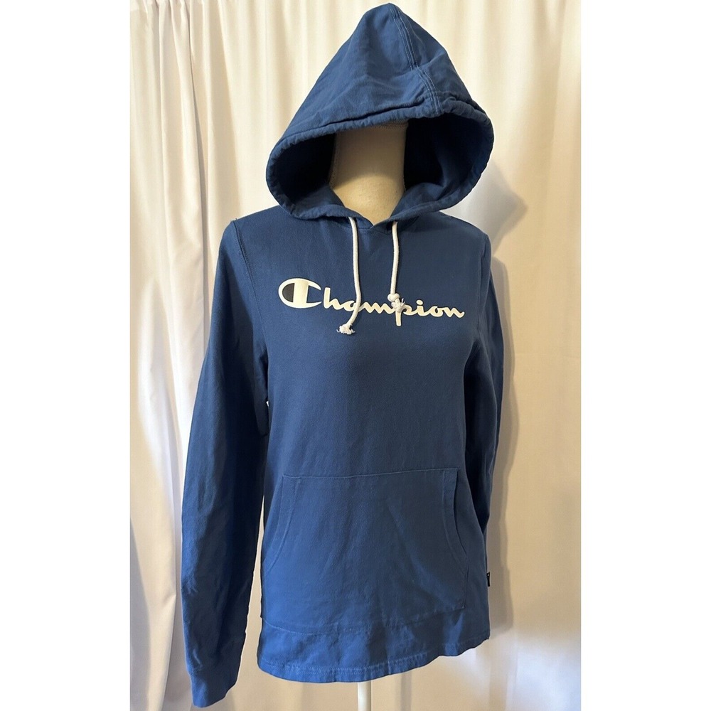 Champion Hoodie Womens Size S Blue Sweatshirt Long Sleeve Drawstring 100% Cotton